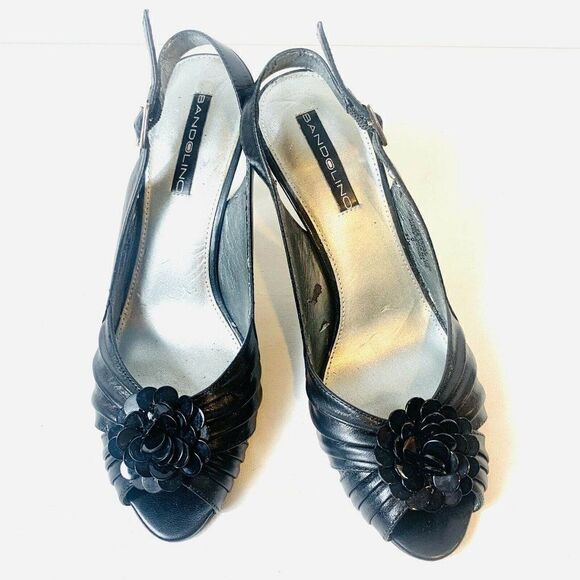 Bandolino Black Leather Women’s Size 8.5M Sling Back Open Toe Floral Accent Heel - Picture 1 of 10